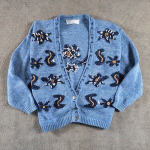 Vintage‎ Melbourne Knitwear Blue Floral Embroidered Cardigan Sweater Women